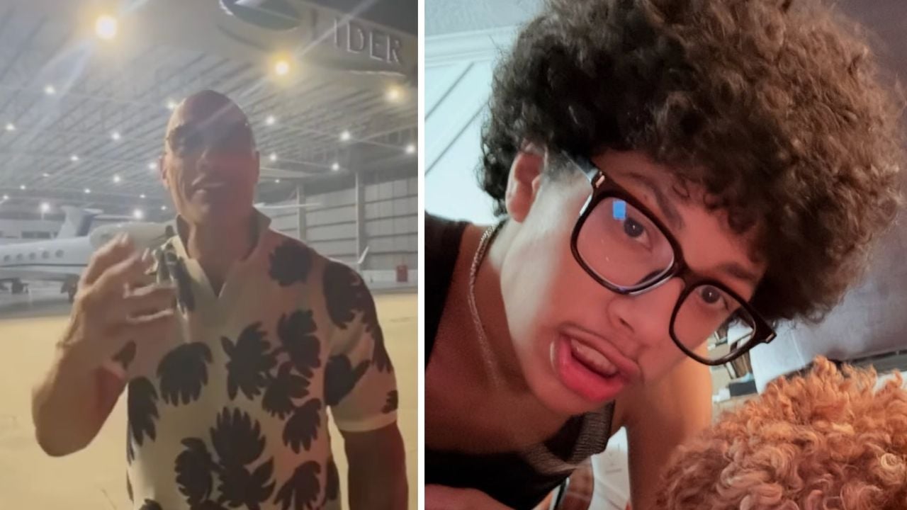 Split image: On the left, a man stands in an airplane hangar. On the right, a young person with curly hair and glasses leans close to a brown dog, making a playful expression.