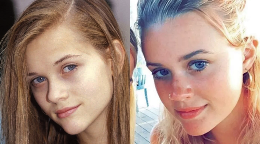 Side-by-side close-up photos of two young women with fair skin and light-colored eyes, both with long, blonde hair, looking at the camera with gentle expressions.