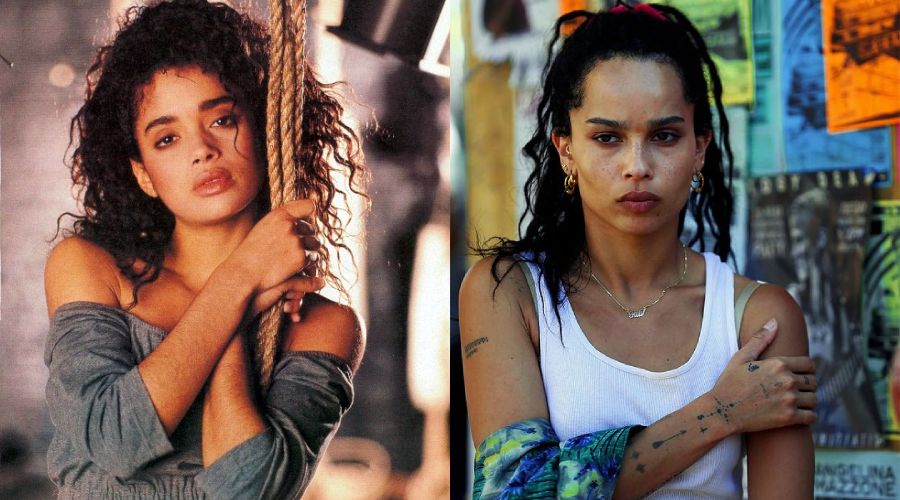 Side-by-side images of two women with curly hair. On the left, a woman poses with a rope, wearing an off-shoulder top. On the right, a woman stands outdoors, wearing a white tank top and looking serious.