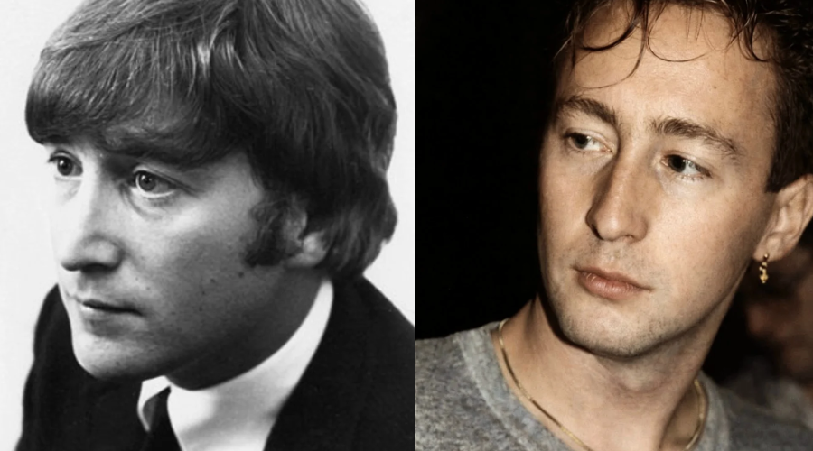 Side-by-side portraits of two men with similar facial features; the left image is a black-and-white photo of a man with straight hair, while the right image is a color photo of a man with short hair and a small hoop earring.