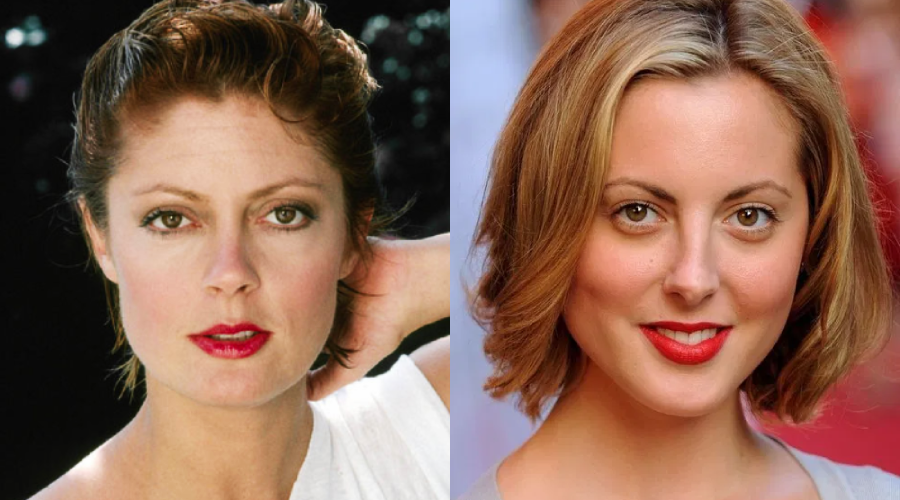 A split image shows two women with light skin, both with short hairstyles and red lipstick, looking directly at the camera against blurred backgrounds.