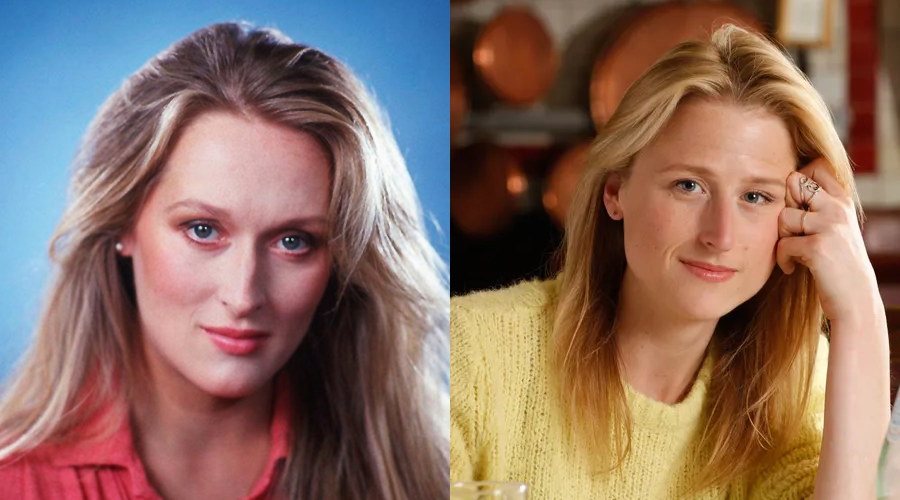 Side-by-side photos of two women with long blonde hair and fair skin; the left woman poses against a blue background, while the right woman, wearing a yellow sweater, rests her head on her hand in a cozy indoor setting.