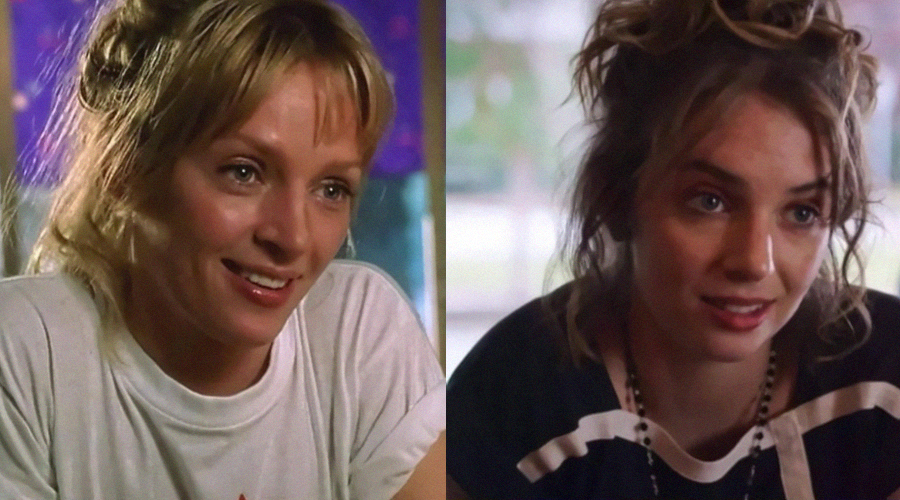 Side-by-side images of two young women with light hair, both smiling softly. The woman on the left has bangs and wears a white shirt; the woman on the right has her hair up and wears a dark shirt with a necklace.