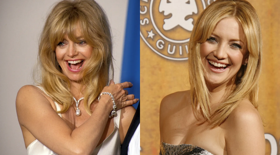 Two women with blonde hair are smiling and wearing elegant, sleeveless gowns at what appears to be a formal event. Both have light skin and are posing against different backdrops.