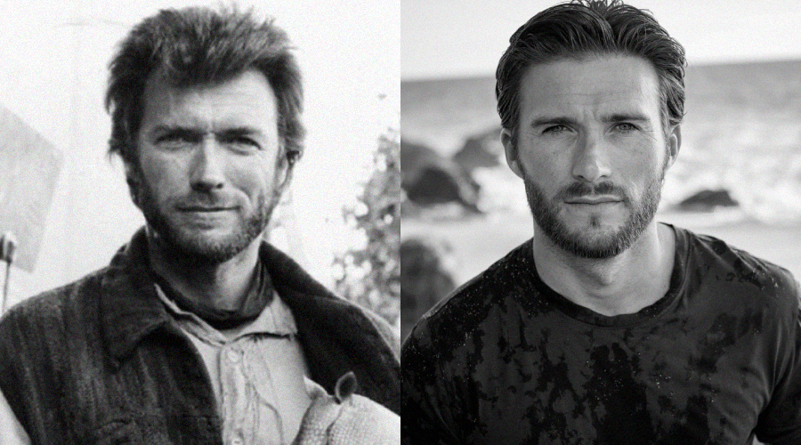A side-by-side comparison of two men with similar features; the left is an older black-and-white photo of a bearded man in rugged clothing, and the right is a modern photo of a bearded man in a wet t-shirt on a beach.