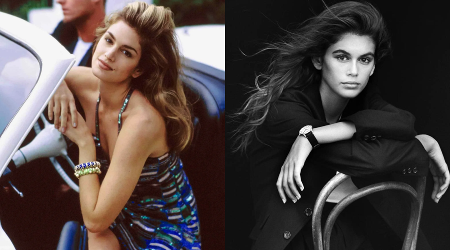 Side-by-side photos of two women with long hair: one in color, leaning on a car, wearing a patterned dress and jewelry; the other in black and white, sitting with arms crossed on a chair, wearing a dark jacket.