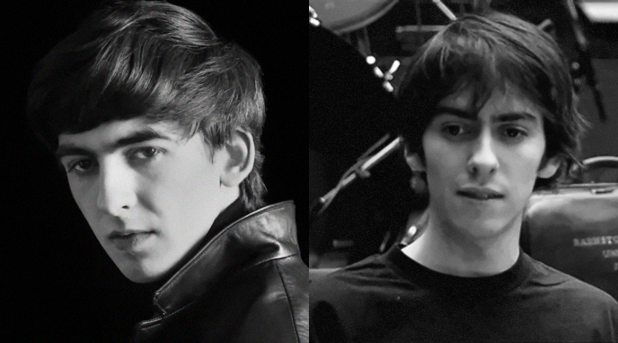 Side-by-side black-and-white photos of two young men with similar features; the left wears a leather jacket, gazing at the camera, while the right wears a dark shirt, looking slightly to the side.