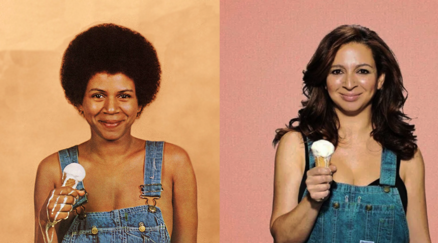 Two women stand side by side against plain backgrounds, each holding an ice cream cone and wearing denim overalls. The woman on the left has a short afro, and the woman on the right has long, wavy hair.