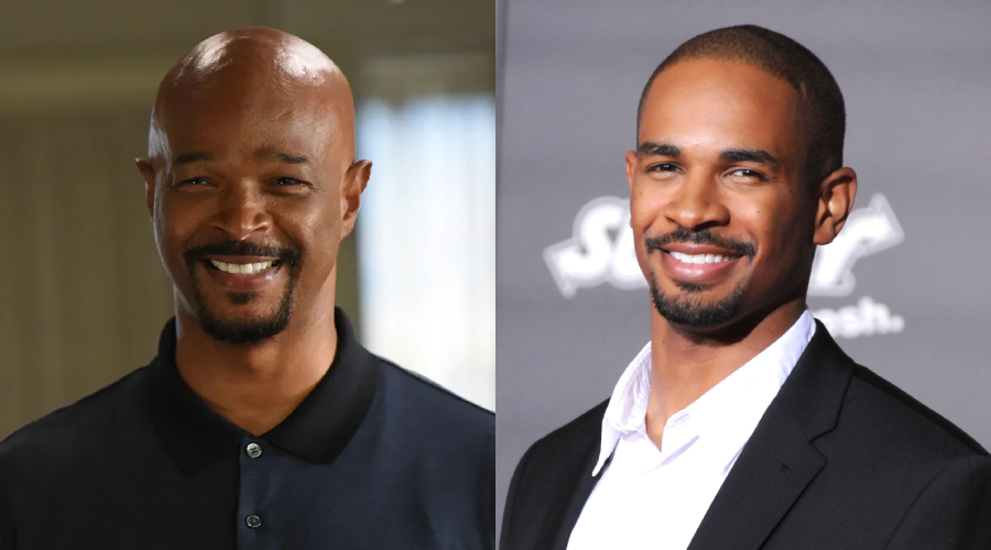Two men with similar facial features are shown side by side. The man on the left is bald, wearing a dark polo shirt, and smiling. The man on the right has short hair, a beard, and wears a black suit with a white shirt, also smiling.