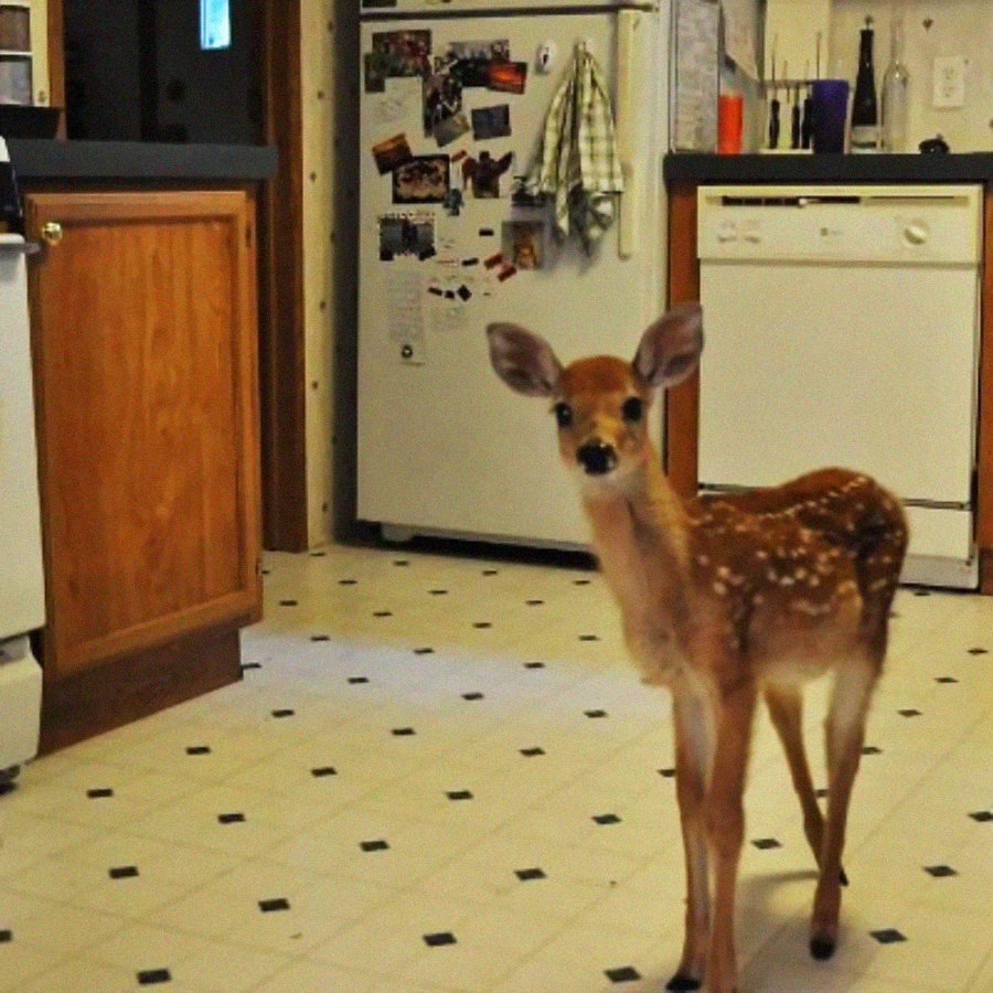 A young fawn with white spots stands on the tiled floor of a kitchen, surrounded by wooden cabinets, a dishwasher, and a refrigerator covered in magnets and photos.