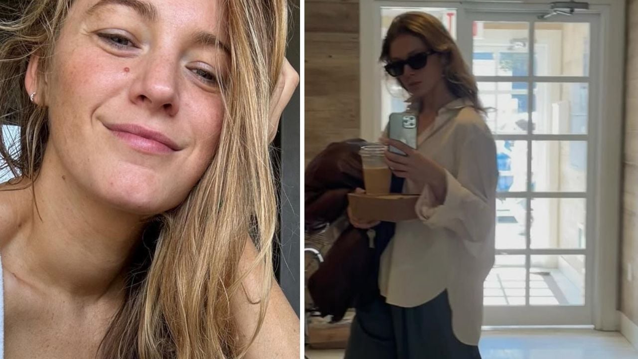 A woman with long blonde hair appears in a close-up selfie smiling, and in another photo, she takes a mirror selfie indoors while holding a drink, wearing sunglasses and a loose white shirt.