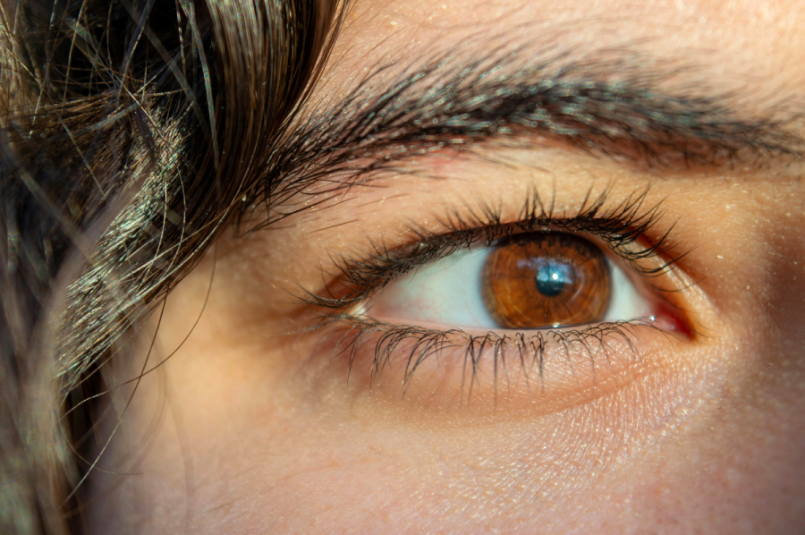 A close-up of a brown eye with long eyelashes and arched eyebrow, with light reflecting off the eye and surrounding skin. A strand of dark hair is visible on the left side of the image.
