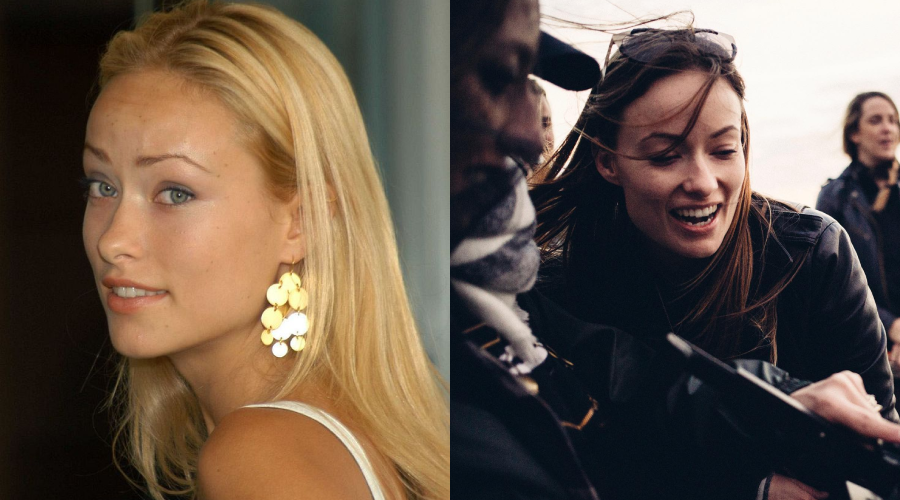 Side-by-side photos of a young woman: on the left, she has long blonde hair and wears large gold earrings; on the right, she has brown hair and smiles while interacting with someone outdoors.