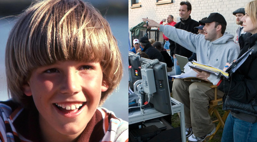 A split image: on the left, a smiling boy with straight, bowl-cut blond hair; on the right, a group of adults on a film set with monitors and equipment, one person pointing while others observe.
