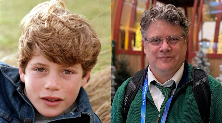 Side-by-side images show a young boy with tousled hair and a denim jacket on the left, and an older man with gray-streaked hair, glasses, and a green sweater on the right.