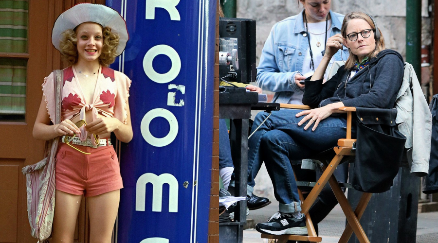 Split image: On the left, a young girl in a hat and colorful 1970s outfit smiles outside a building. On the right, an adult woman with glasses sits in a director’s chair on a film set, wearing casual clothes.