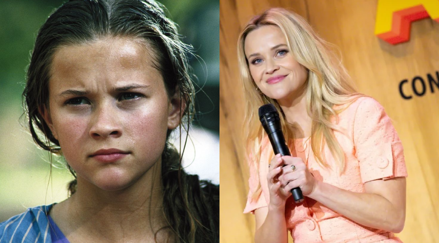 A side-by-side image shows a young girl with wet hair looking serious on the left, and a smiling woman with long blonde hair holding a microphone on the right, standing in front of a wooden background.