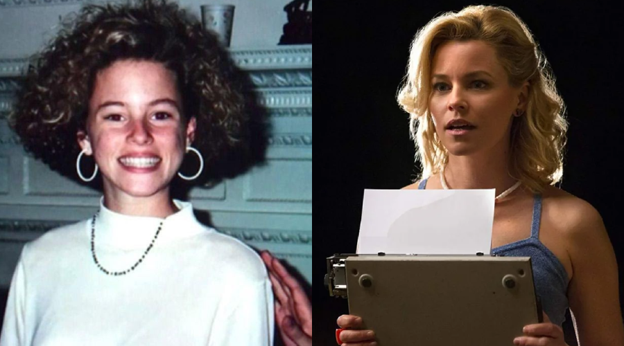 A split image shows a young woman with curly hair, hoop earrings, and a white top on the left, and the same woman older with styled blonde hair, wearing a tank top and holding papers on the right.