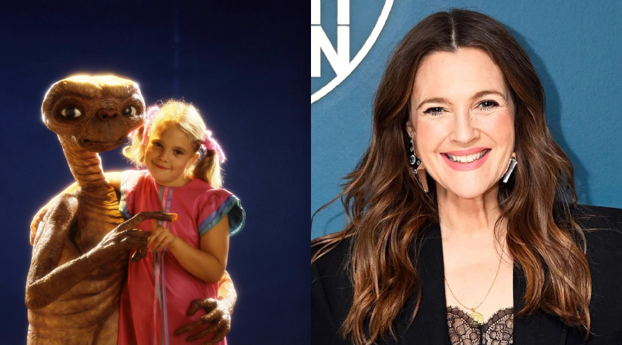 A split image: on the left, a young girl in a pink dress hugs the alien E.T. from the movie "E.T."; on the right, a smiling woman with long brown hair poses in front of a blue background.