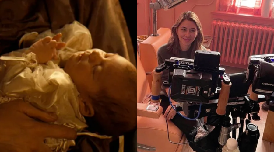 Split image: Left side shows a close-up of a newborn baby in a white gown, lying in someone's arms. Right side shows a smiling woman sitting behind a professional camera in a warmly lit room.