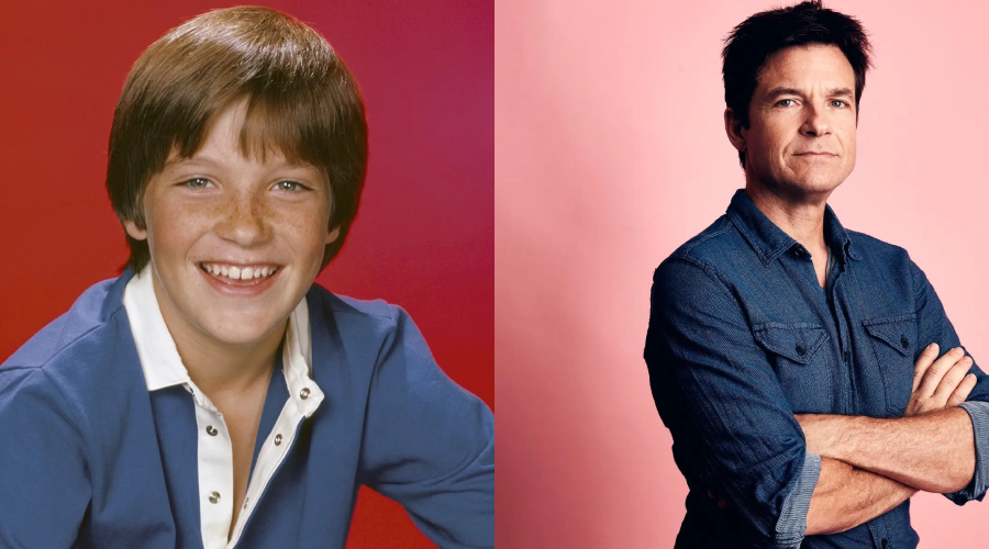 Side-by-side images show a smiling boy with brown hair in a blue shirt on a red background, and an adult man with crossed arms in a denim shirt against a pink background.