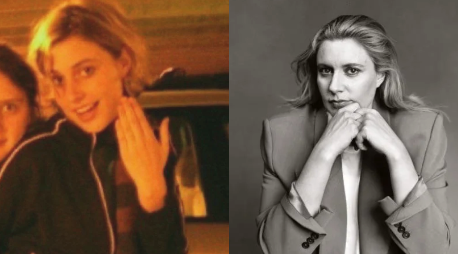 Side-by-side images: On the left, a young woman with short blonde hair smiles and gestures with her hand, standing by another person. On the right, a woman with light hair poses seriously, hands folded under her chin, in a black-and-white photo.