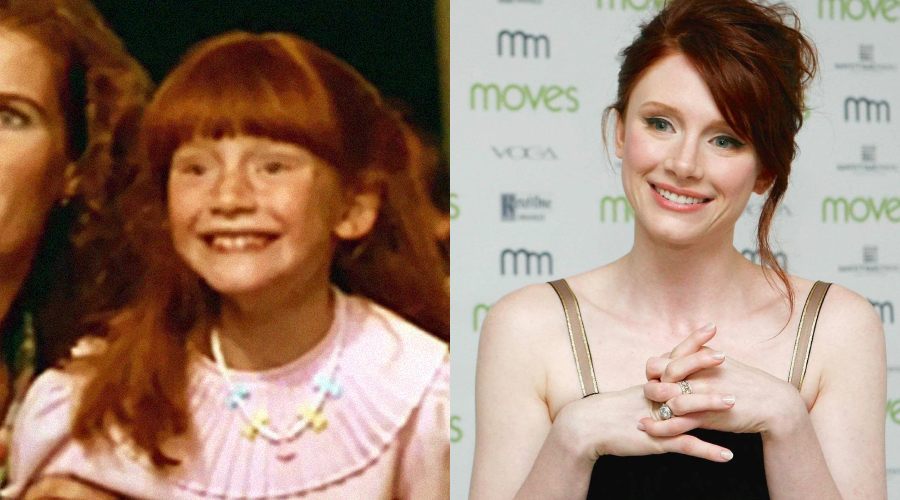 Side-by-side photos show a young girl with red hair and bangs, smiling in a pink outfit, and an adult woman with similar red hair, smiling at an event in a black dress.