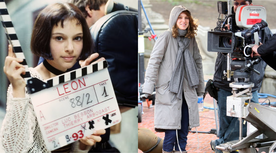 Split image: On the left, a young woman holds a clapperboard labeled “LEON” on a film set. On the right, the same woman, older, stands smiling in a winter coat next to a professional film camera outdoors.