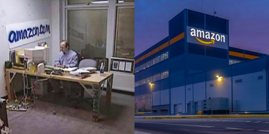 Split image: Left shows a man working at a cluttered desk in a small office with an "amazon.com" sign. Right shows a modern Amazon warehouse with the Amazon logo, taken at dusk.