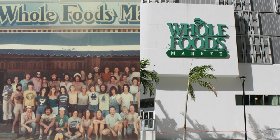 Split image: Left—vintage photo of a large group of Whole Foods Market employees posing outside an old storefront. Right—modern Whole Foods Market sign on a sleek, white building with palm trees.