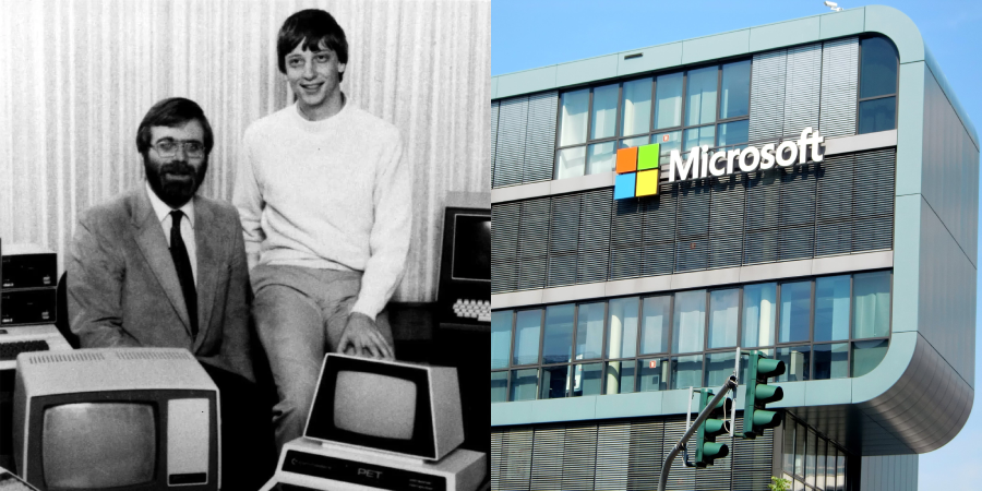 A split image: on the left, two men from the early days of computing pose with vintage computers; on the right, a modern Microsoft office building with the company logo.