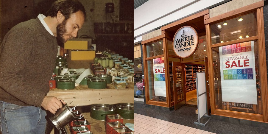 A man pours wax into candle tins on a work table; next to him is a photo of a Yankee Candle store with large "Clearance Sale" signs in the windows.