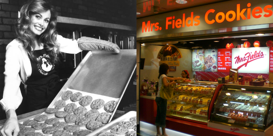 Split image: On the left, a woman wearing an apron removes a tray of cookies from an oven in a black-and-white photo. On the right, a color photo shows a Mrs. Fields Cookies store with customers at the counter.