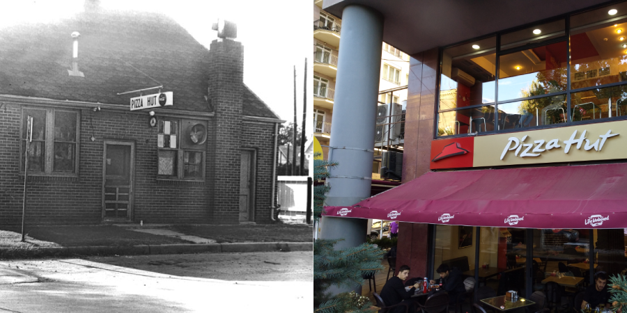A side-by-side comparison of the first Pizza Hut building, a small brick house with a sign, and a modern Pizza Hut restaurant with glass windows, red awning, and people dining outside.