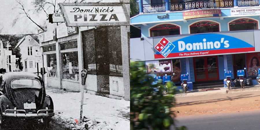 A split image shows the original Domino's Pizza store as "DomiNick's Pizza" in black and white on the left, and a modern Domino's storefront in color on the right.