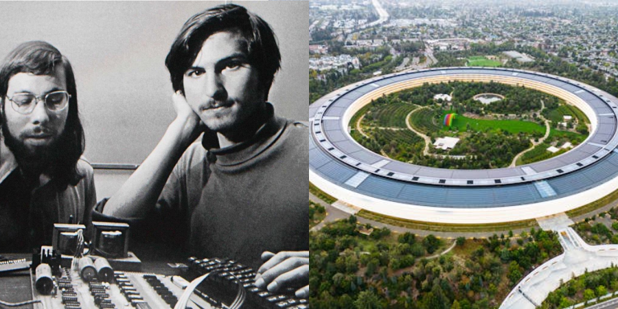 A black-and-white photo of two young men with electronics on the left, and an aerial view of a circular, futuristic Apple campus surrounded by greenery on the right.