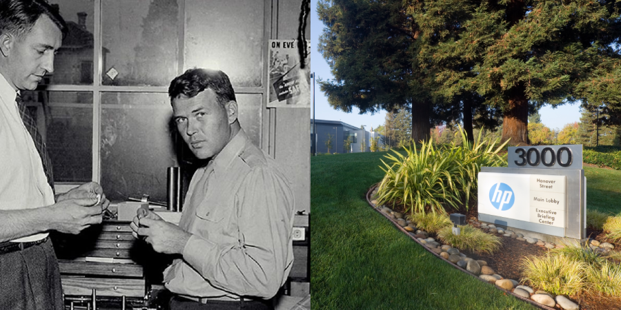 Split image: Left side shows two men working in a lab, one holding a small object. Right side shows an HP company sign in front of an office building with trees and grass.