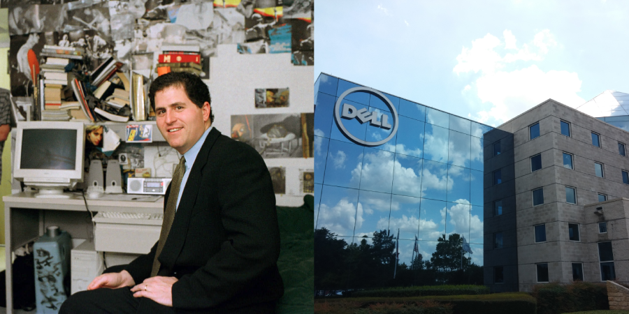 A split image: on the left, a man in a suit sits in a cluttered room with books and an old computer; on the right, a modern glass office building with a large Dell logo, reflecting clouds in its windows.