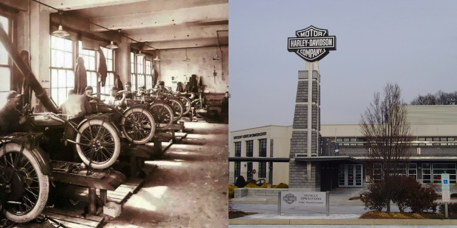 Split image: left shows a historic black-and-white photo of workers assembling motorcycles in a factory; right shows a modern Harley-Davidson building with a large company sign and landscaped entrance.