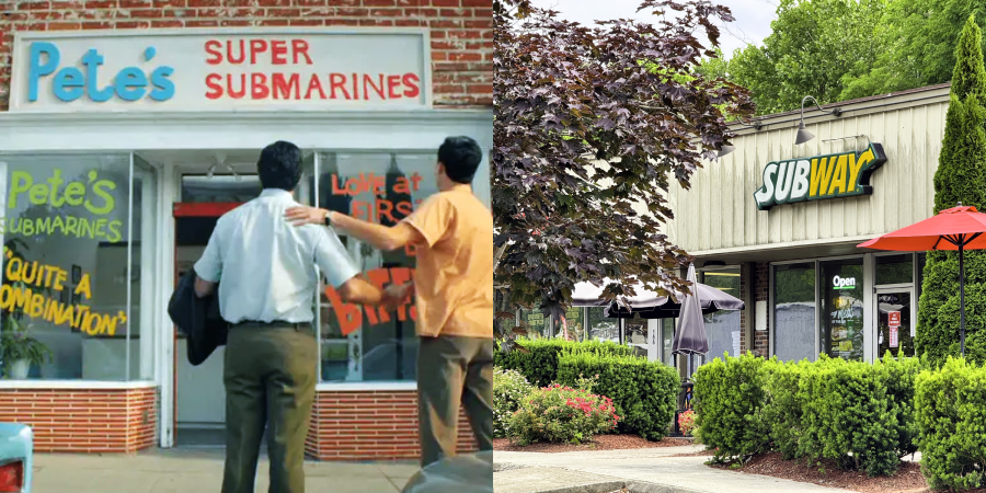 Split image: left side shows two men entering "Pete's Super Submarines," with vintage signage; right side shows a modern "Subway" restaurant exterior surrounded by greenery and outdoor seating.