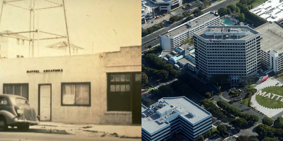 Side-by-side images show the original small Mattel Creations building in black and white on the left, and a modern, large Mattel corporate office photographed from above on the right.