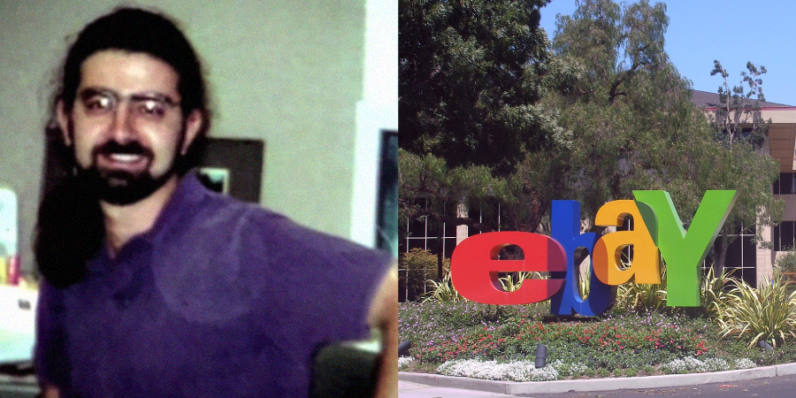 A split image: on the left, a man with glasses and a beard wearing a purple shirt; on the right, a colorful eBay logo sign outdoors with trees and a building in the background.
