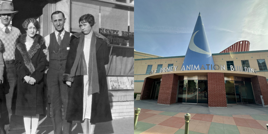 A split image: on the left, a black-and-white photo of people standing outside the early Disney Bros. Studio; on the right, the modern Disney Animation Building with a blue sorcerer hat decoration.