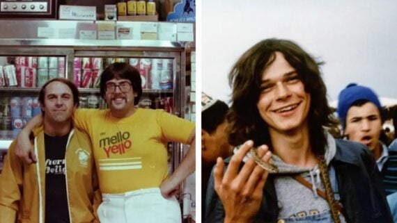 Split image: On the left, two men stand in front of a cooler full of drinks; one wears a yellow "Mello Yello" shirt and glasses, arm around the other. On the right, a young man smiles, holding a small snake, with people in the background.