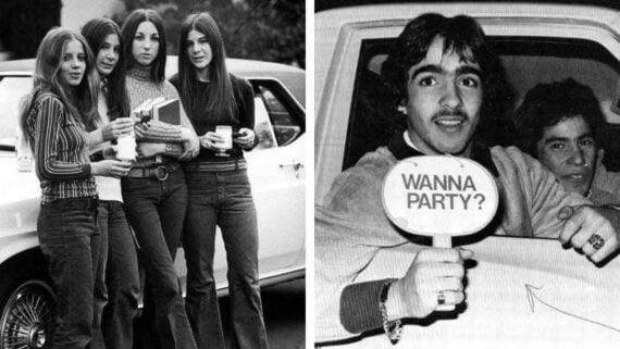 On the left, four young women in vintage clothing stand by a car, holding drinks. On the right, two young men in a car, one holding a sign that says "WANNA PARTY?" Both photos appear to be from the 1970s.