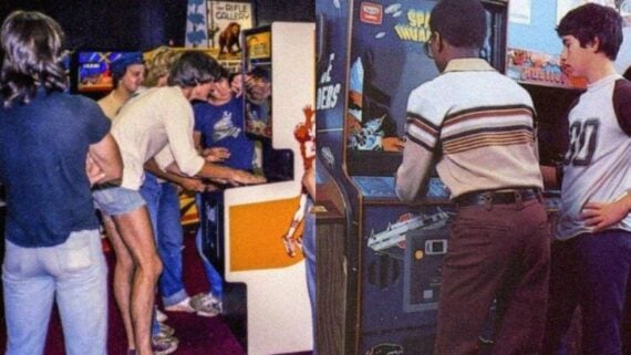 Kids playing arcade machines together, surrounded by bright lights and classic game cabinets