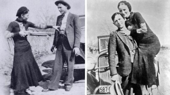 Two black-and-white photos show a woman and a man. In the left image, the woman points a shotgun at the man playfully. In the right image, she sits on the car fender, arm around the man standing below her.