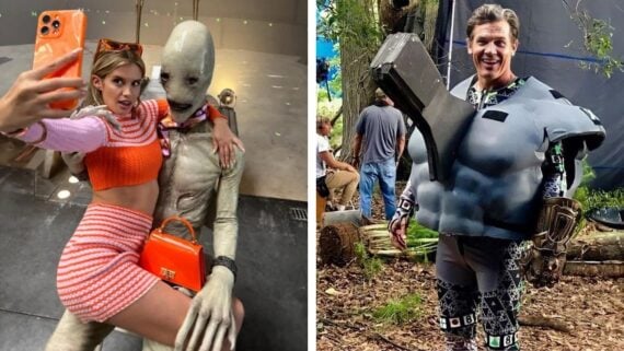 Split image: Left, a woman in an orange outfit takes a selfie with a person in a gray alien costume. Right, a man smiles while wearing a bulky, gray, motion-capture suit on a film set outdoors.