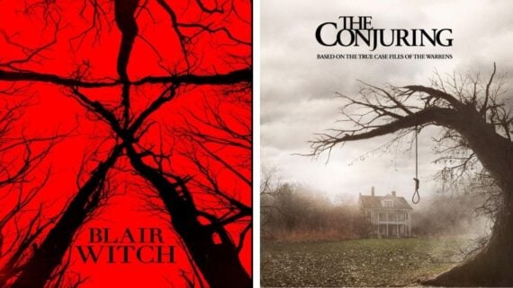 Split image: Left side has a red background with black tree branches forming a stick figure and "Blair Witch" text. Right side shows a spooky house, leafless tree with a noose, and "The Conjuring" title above.
