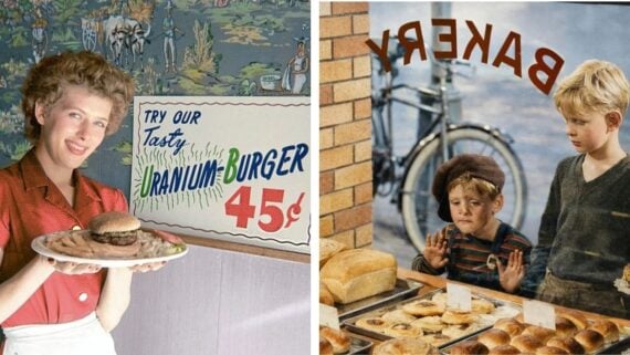Left: Smiling woman holding a plate with a burger in front of a sign advertising &ldquo;Tasty Uranium Burger 45&cent;.&rdquo; Right: Two boys press their faces to a bakery window, gazing longingly at bread and pastries inside.